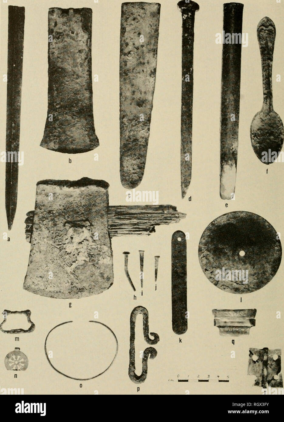 . Bulletin. Ethnology. BUREAU OF AMERICAN ETHNOLOGY BULLETIN 199 PLATE 14. Metal artifacts, a. Bayonet fragment, h, Cast iron planing adz blade, c, Cast iron wedge, d, Iron spike (used as a chisel ?). e, Brass spike used as a chisel. /, Teaspoon. g. Ax head, h-j, Square cut nails—2d, 3d, and 5d pennyweights, k, Unidentified. /, Kettle lid. m, q, Buckles, n, Copper pendant, o. Copper bracelet, p, Strike-a- light, r, Copper hinge.. Please note that these images are extracted from scanned page images that may have been digitally enhanced for readability - coloration and appearance of these illust Stock Photo