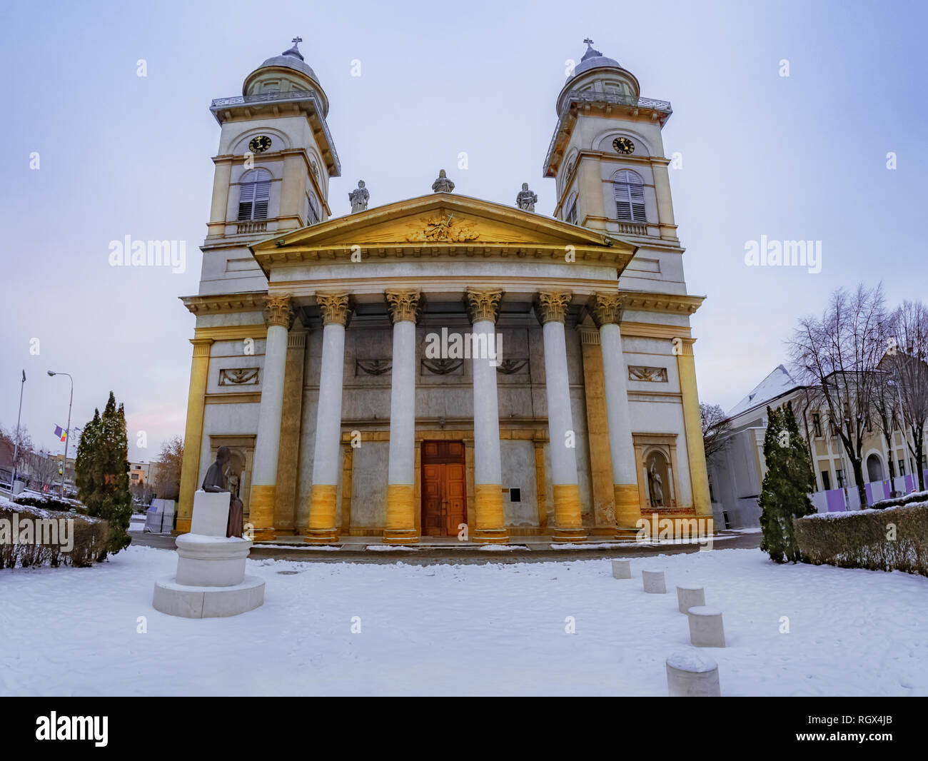 Religious architecture of Romano - Catholic Bishopric church in Satu Mare, city of Romania Stock Photo