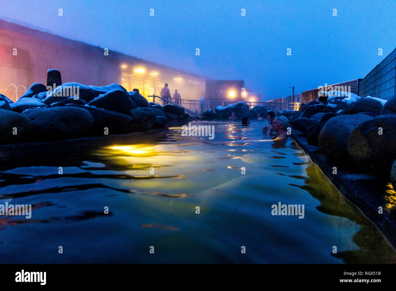 Laugarvatn Fontana thermal baths at dusk in Iceland Stock Photo