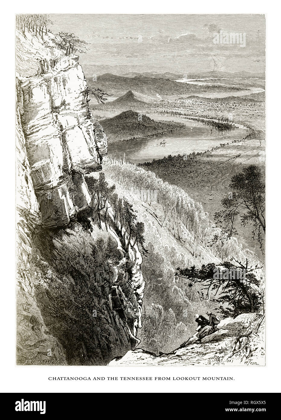 Chattanooga and the Tennessee River from Lookout Mountain, Tennessee, United States, American Victorian Engraving, 1872 Stock Photo