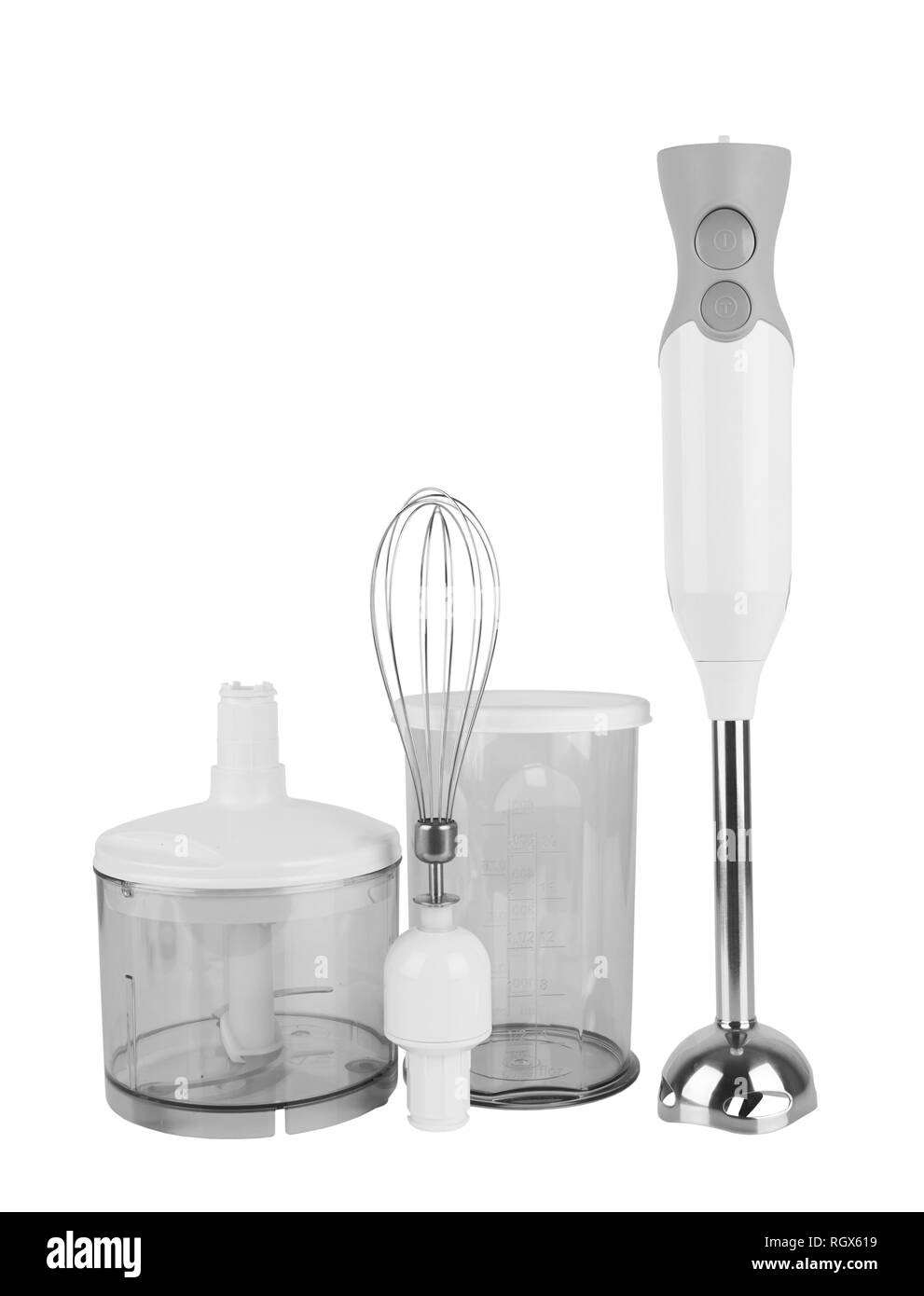 Electrical hand mixer and dishware isolated on a white Stock Photo