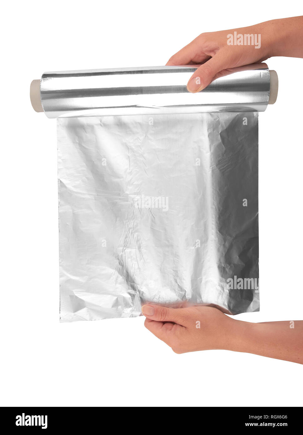 woman holding a roll of aluminum foil Stock Photo