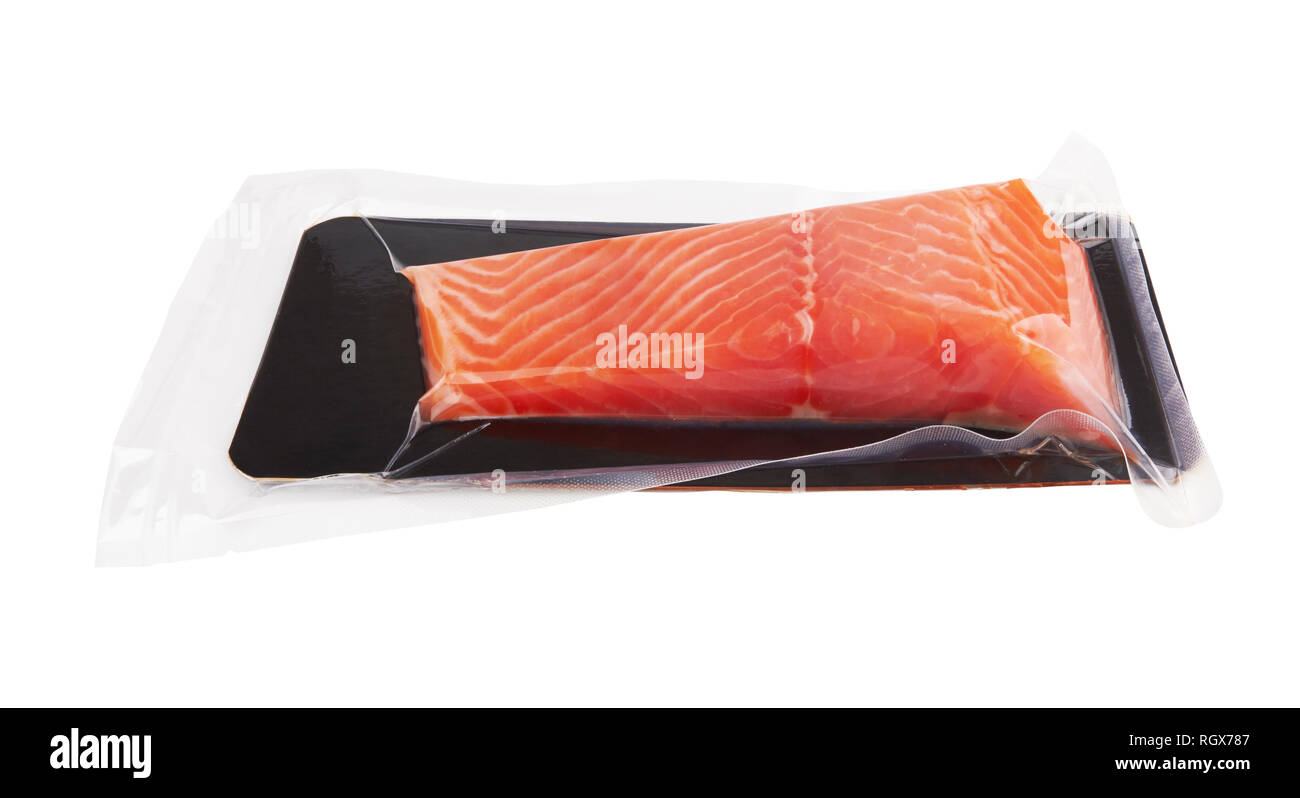 Fillet of salmon vacuum packed isolated on white background Stock Photo