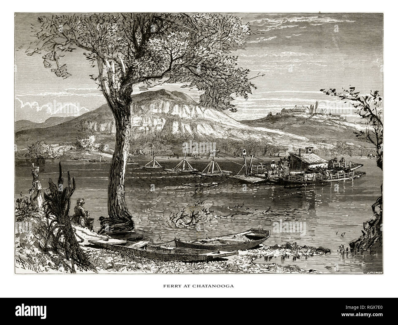 Ferry at Chatanooga on the Tennessee River, Tennessee, United States, American Victorian Engraving, 1872 Stock Photo