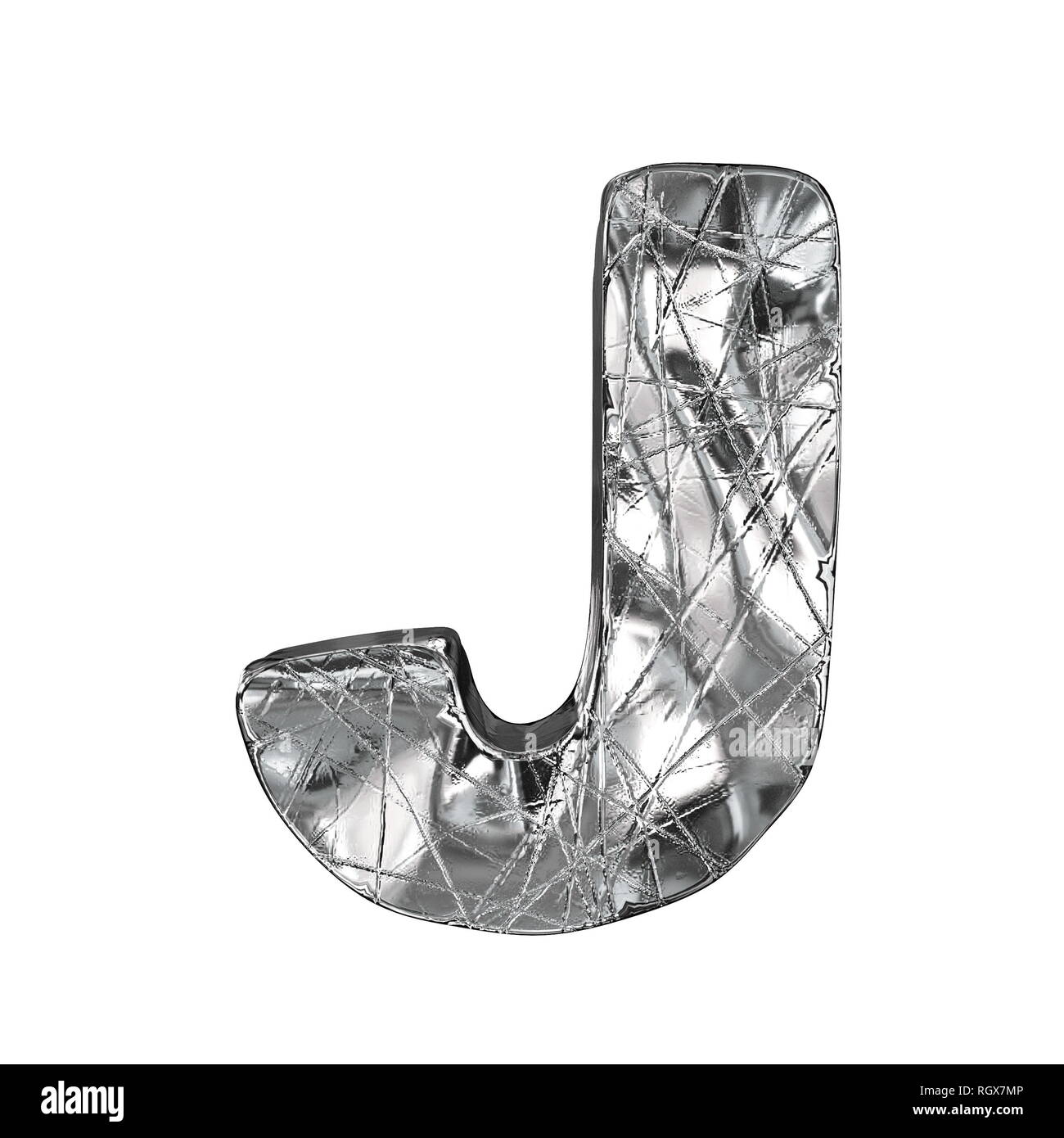 Grunge aluminium foil font letter J 3D render illustration isolated on white background Stock Photo