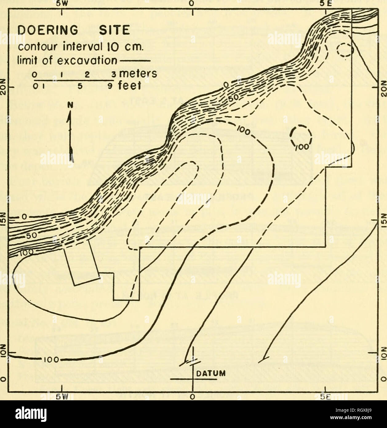 . Bulletin. Ethnology. Riv. Bas. Sur. Pap. No. 4] ADDICKS BASIN—WHEAT 169 in a grid of 1 m. (3.28 feet) squares numbered from the datum north along the base line and east or west along lines intersecting the base line at right angles. The stake nearest the datum became the desig- nator for that square. Excavation was by arbitrary levels of 15 cm. (0.49 foot). All material from each 15 cm. (0.49 foot) level and 1 m. (3.28 feet) square was screened and the artifacts segregated.. Figure 8.—Contour map and plan of excavation, Doerlng site (42/66A6-2). Depth was measured from surface at the level o Stock Photo
