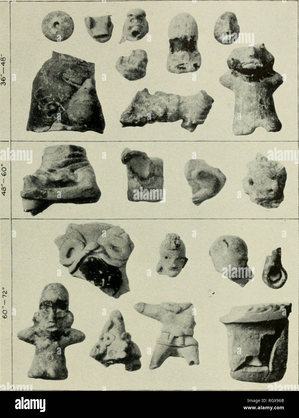 . Bulletin. Ethnology. BUREAU OF AMERICAN ETHNOLOGY BULLETIN 141 PLATE 56. Stratigraphic Material From Trench 13. 36- to 48-in:li le'el: (Upper row) mold-made spindle whorl, aberranl snake head, t}-pe I-X, type I-G, aberrant type; (center) t'pe V'll; (lower row) unique modeled face on olla neck suggests type I; hand possibi}' t'pe X; t 'pe 1-6. 48- to 60-inch level: Type IV-A, tpe IV or V, unidentified, type I variant. 69- to 72-inch level: (Upper row) tpe IV-A, t}pe I-A variant, t-pe I-X, double ring; (lower row) type I-G, type 1-H, l&gt;pc IV-A body, hollow slab leg.. Please note that Stock Photo