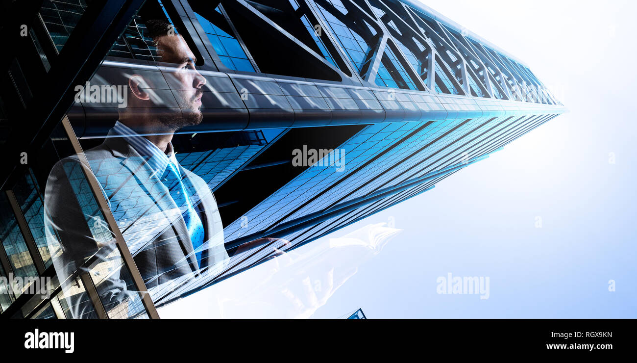 Double exposure of pensive businessman and modern city Stock Photo - Alamy