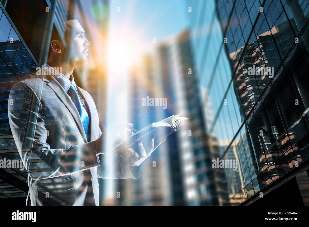Double exposure of pensive businessman and modern city Stock Photo - Alamy