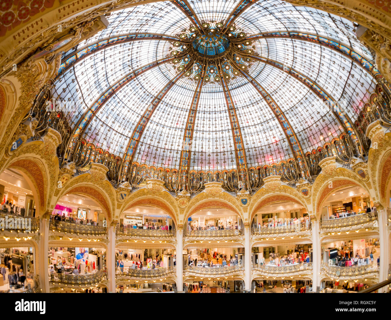 France, MAY 7: Interior view of the famous Galeries La Fayette shopping mall on MAY 7, 2018 at France Stock Photo
