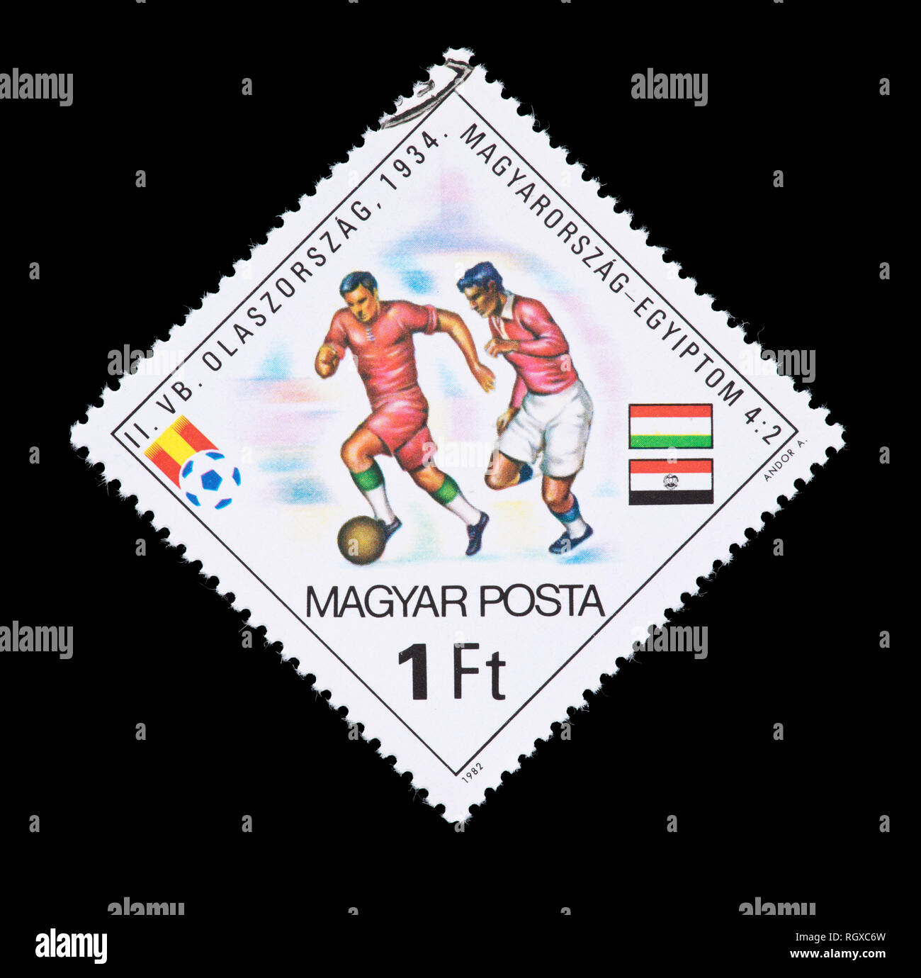 Postage stamp from Hungary depicting its national soccer team against other World Cup teams, issued for the 1982 World Cup (soccer or football) Stock Photo