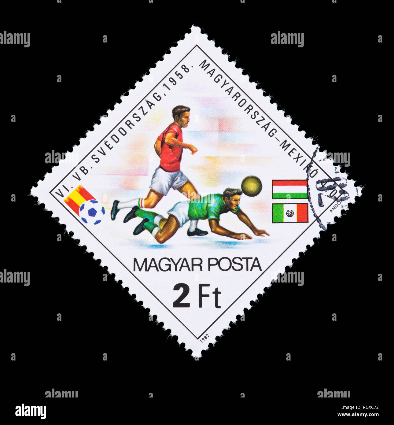 Postage stamp from Hungary depicting its national soccer team against other World Cup teams, issued for the 1982 World Cup (soccer or football) Stock Photo