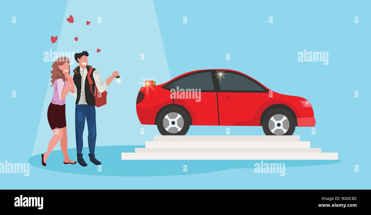 man giving woman keys to new car happy valentines day holiday celebration concept couple in love over red heart shapes female male full length Stock Vector