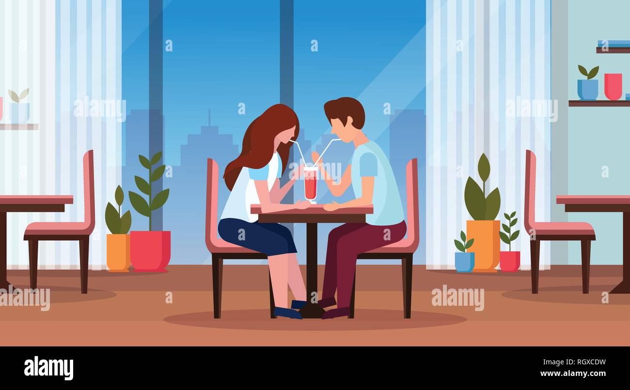 couple drinking coffee through straw together happy valentines day concept man woman in love romantic dating modern restaurant interior horizontal Stock Vector