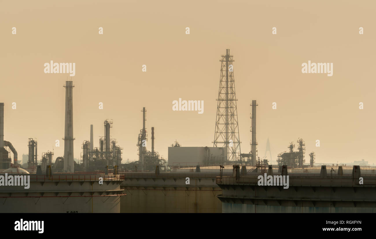 Air pollution at oil petroleum refinery plant. Bad air quality filled