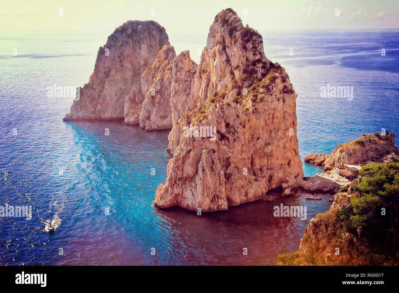 Capri Island. The famous Faraglioni. Technicolor photo version. Stock Photo