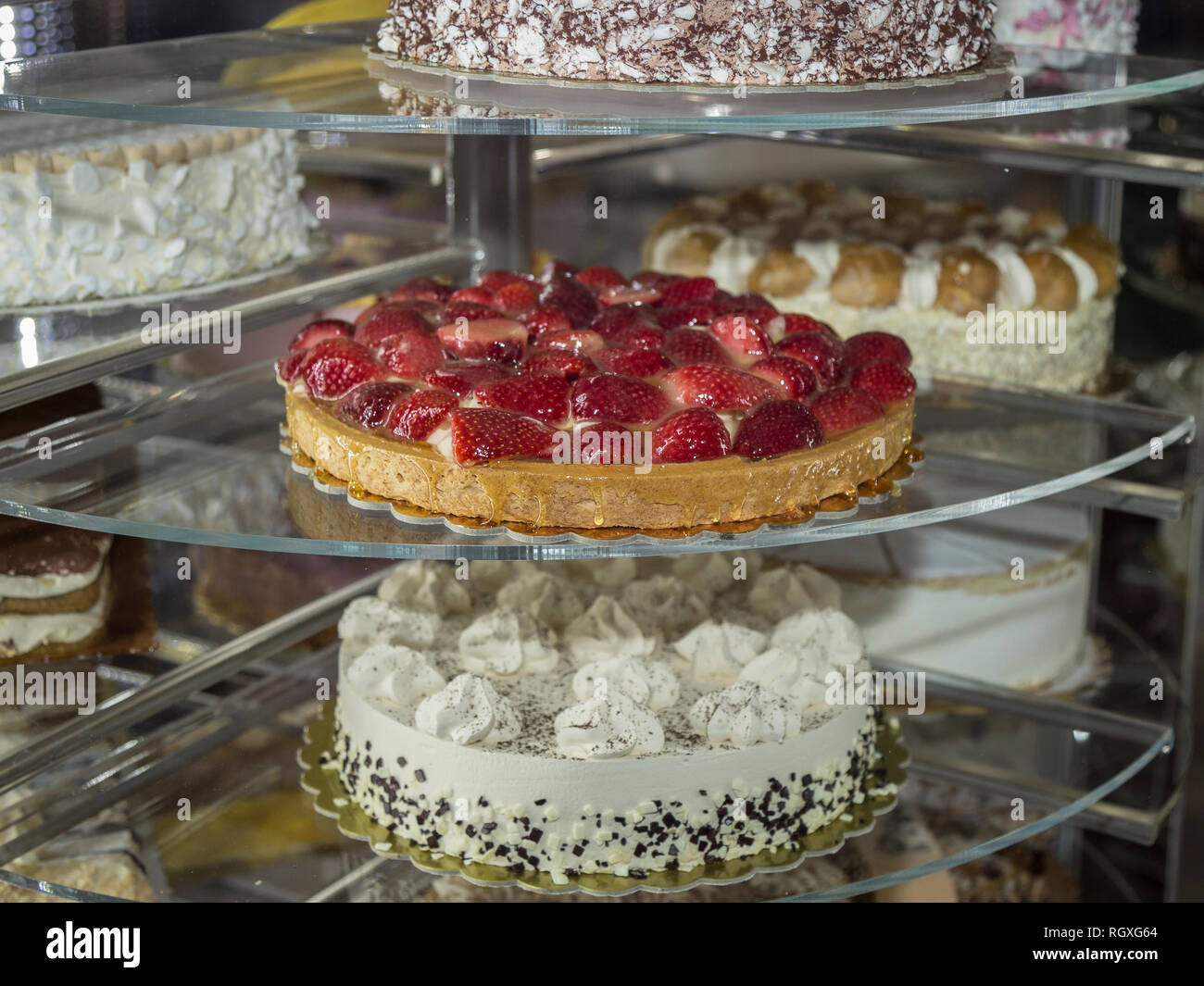 Several Types of Stuffed Cakes inside a Pastry Display Stand Stock ...