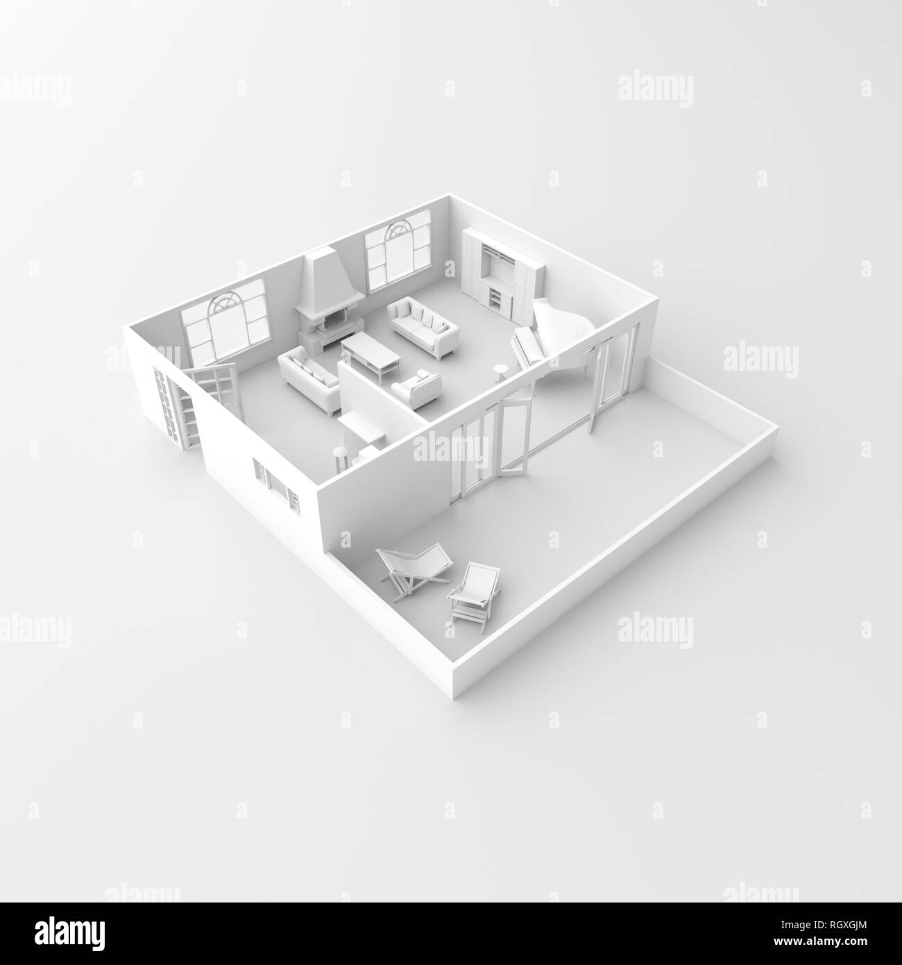 3d interior rendering of white furnished living room with fireplace Stock Photo