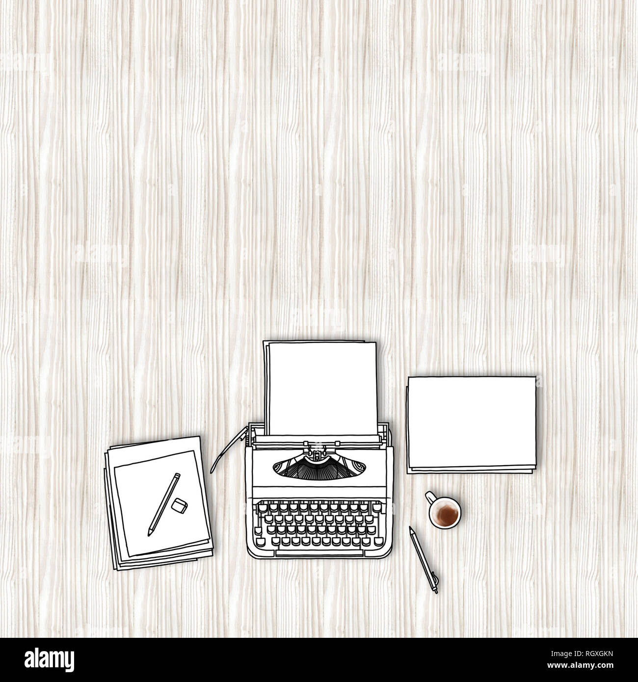Sketch illustration drawing of old typewriter and blank paper frames on wooden desktop Stock Photo