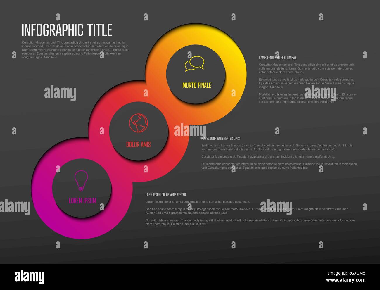 Vector multipurpose Infographic template with three elements options and modern colors on a dark background Stock Vector