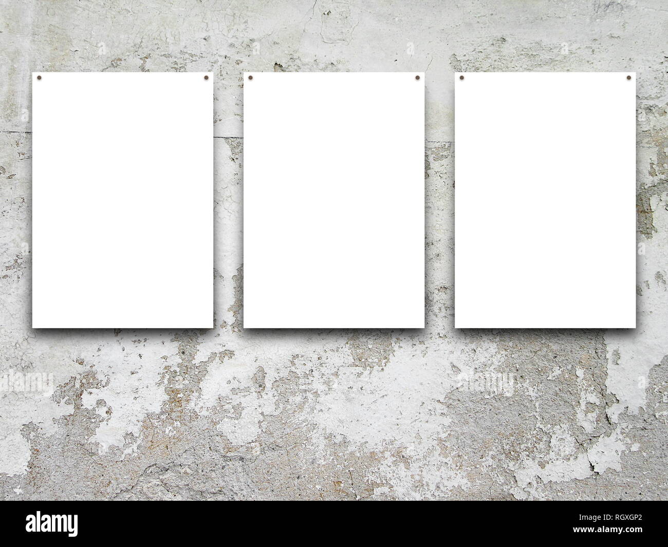 Three nailed blank frames on scratched concrete wall background Stock Photo