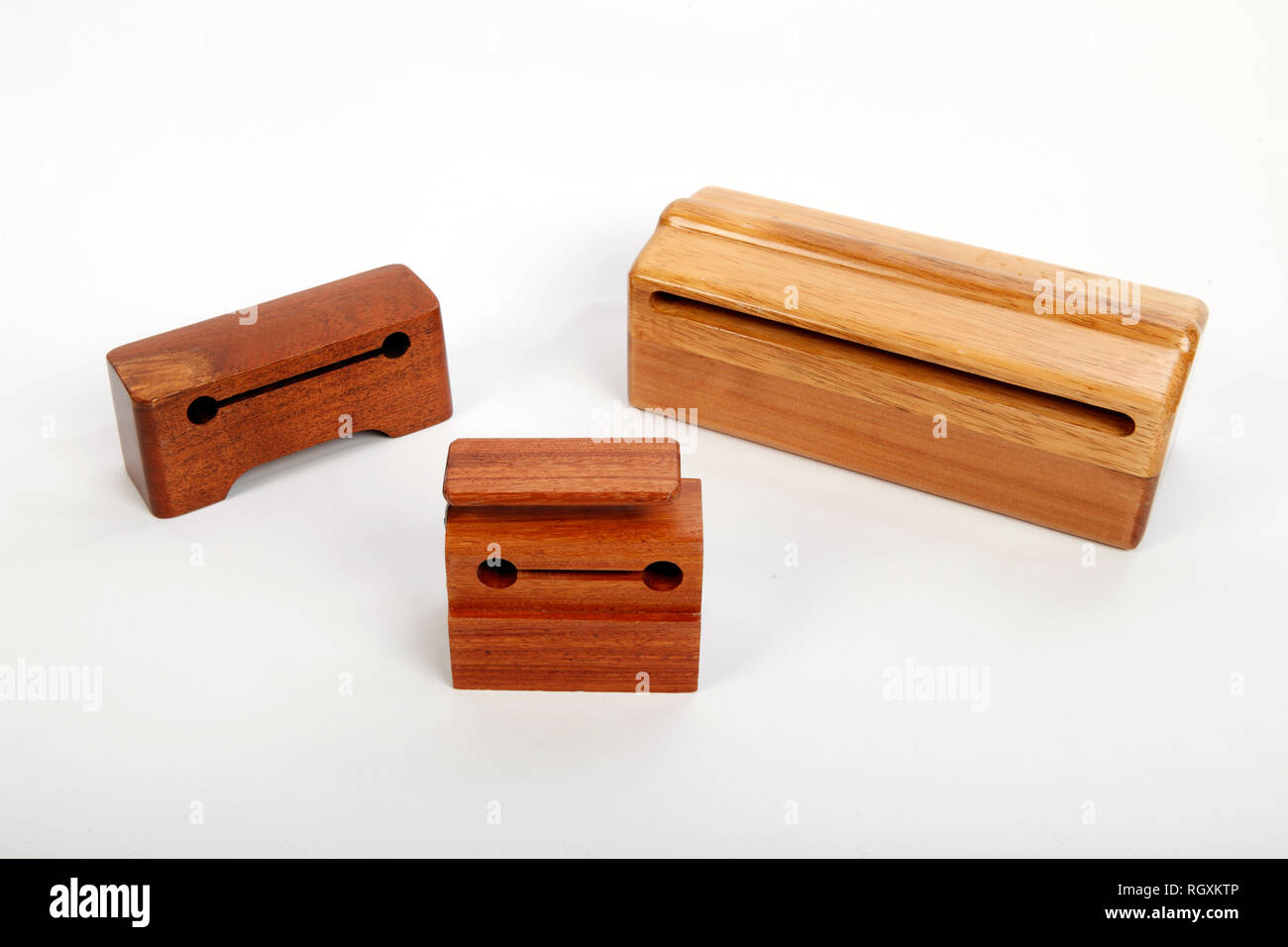 Three wood blocks, Piccolo, high, and Low woodblock with a striking ridge Stock Photo