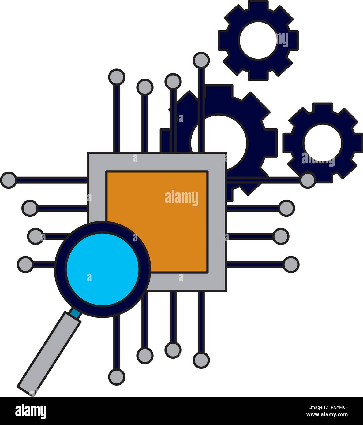 motherboard circuit magnifying glass gears Stock Vector Image & Art - Alamy