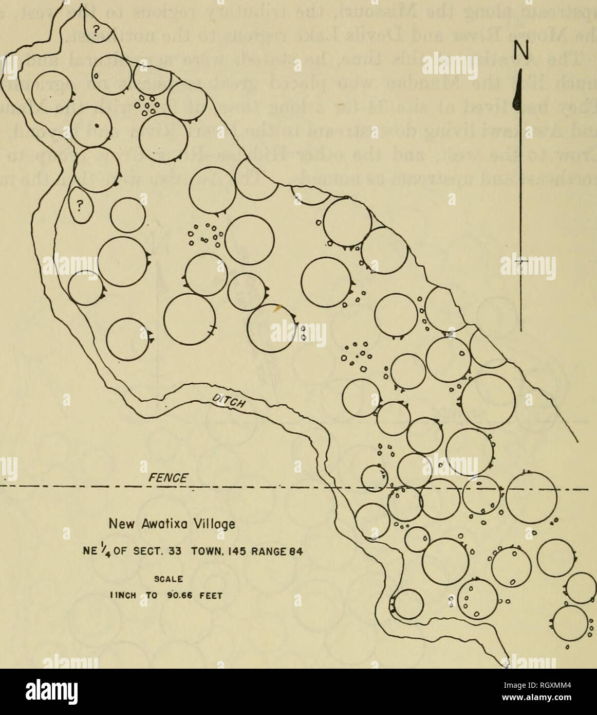 . Bulletin. Ethnology. 20 BUREAU OF AMERICAN ETHNOLOGY [Bull. 194. New Awotixa Village Ne!'40F sect. 33 TOWN. 145 RANGE 84 SCALE I INCH TO 90.66 FEET Map S.—New Awatixa village at the mouth of the Knife River. (Courtesy North Dakota Historical Society.) northern agriculturalists along the Missouri River. Concerning the Awaxawi, where his father was born, Bears Arm stated that this group was once more numerous and lived to the east as agriculturalists on the streams of that region and later at Devils Lake. There the Hidatsa-River Crow (called Miro'kac prior to the separation) found them and con Stock Photo