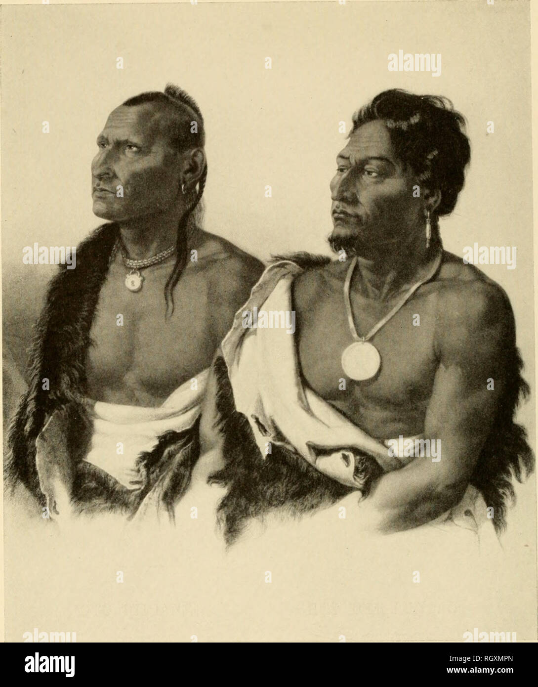 . Bulletin. Ethnology. Oto and Ponca Indians. Left, Oto, painted by Carl Bodmer at Pilcher's Trading Post, May 12, 1834. Right, Ponca {Ce:{ SuJe-gdxe or S mo Ice-ma leer), painted by Carl Bodmer at Pilcher's Trading Post, May 11, 1833.. Please note that these images are extracted from scanned page images that may have been digitally enhanced for readability - coloration and appearance of these illustrations may not perfectly resemble the original work.. Smithsonian Institution. Bureau of American Ethnology. Washington : G. P. O. Stock Photo