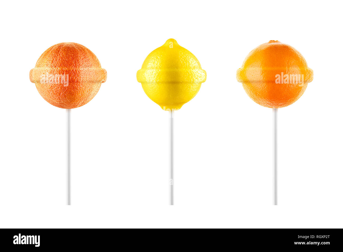 Lollipops. Lemon, grapefruit, orange set isolated on white background. Creative candy idea Stock Photo