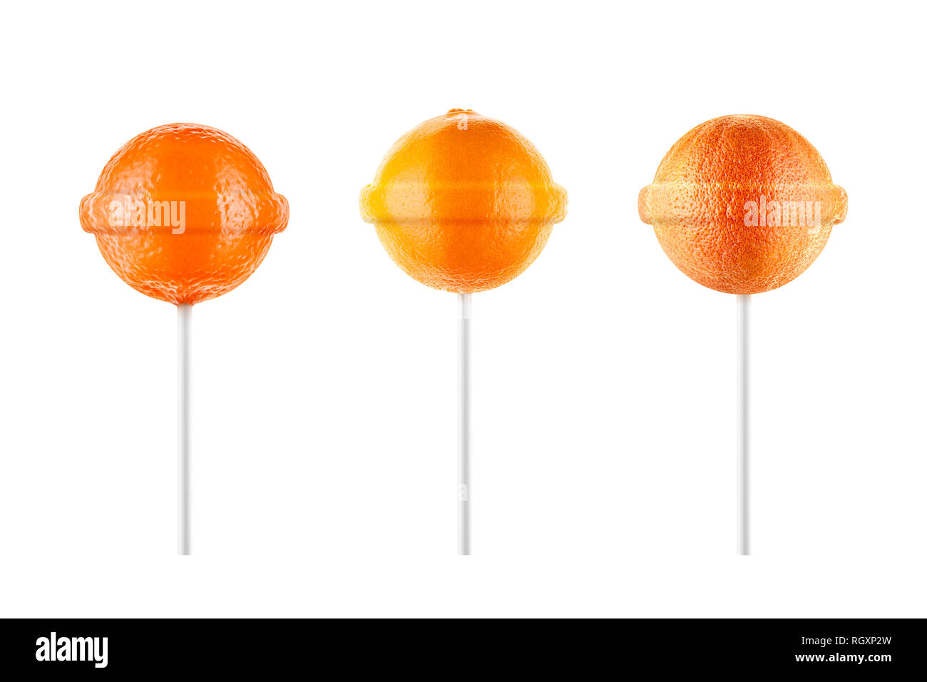 Lollipops. Lemon, grapefruit, orange set isolated on white background. Creative candy idea Stock Photo
