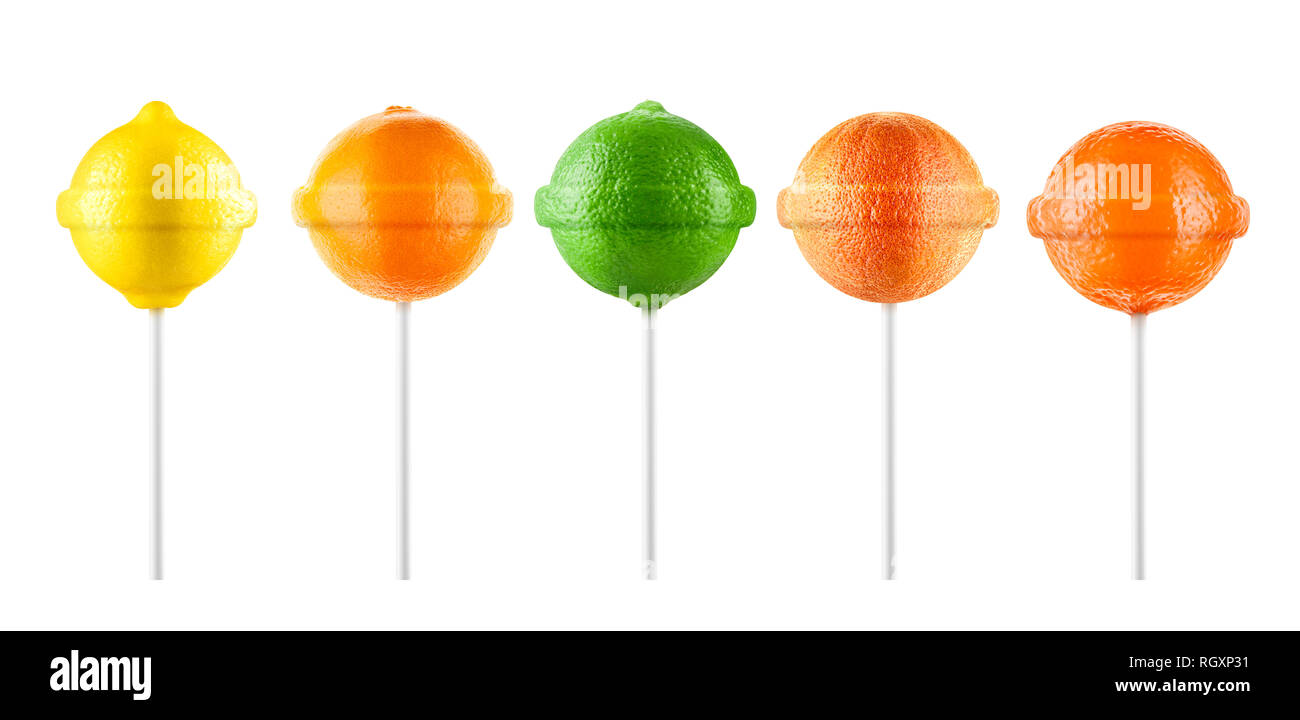 Lollipops. Lemon, grapefruit, orange set isolated on white background. Creative candy idea Stock Photo