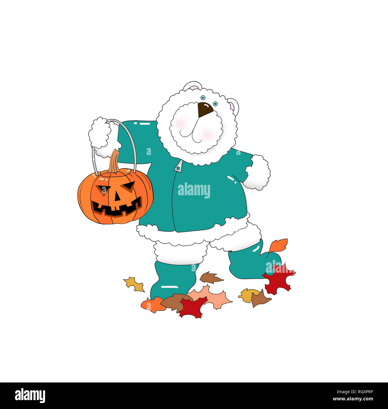 Illustration of a cute polar bear wearing clothes and holding a jack-o-lantern on a white background Stock Photo