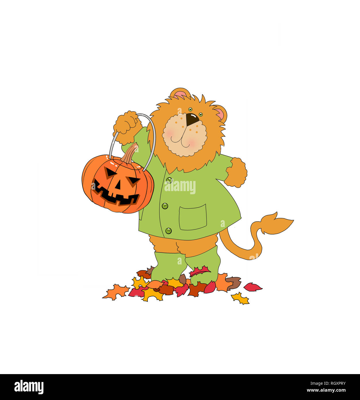 Illustration of a cute lion wearing clothes and holding a jack-o-lantern on a white background Stock Photo