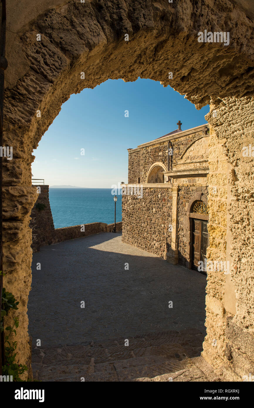 An archway in the old hilltop fort at Castelsardo in Sardinia, Italy. Stock Photo