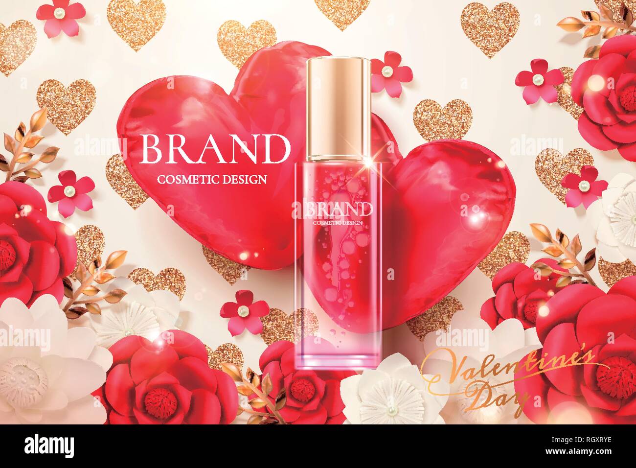 Cosmetic spray bottle ads with paper flowers and red heart shaped