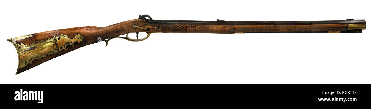 Pill Lock American Full Stock Sporting Rifle .38 caliber 7 groove rifling produced between 1820-1830 Stock Photo