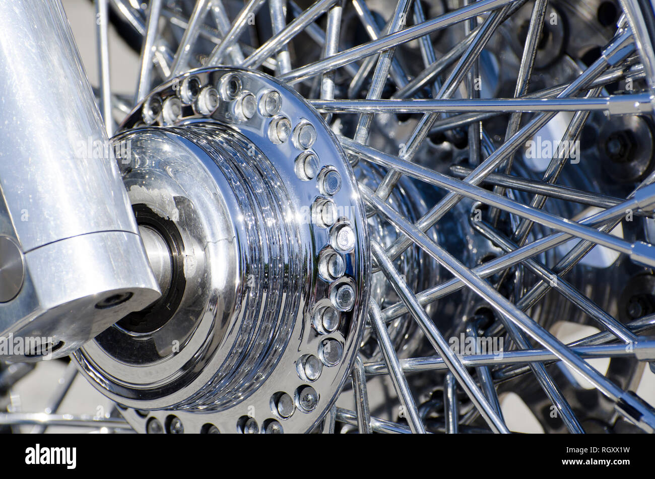 Motorcycle Wheel with Spokes in Chrome Stock Photo Alamy