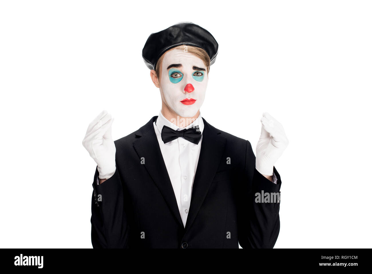 sad clown in black beret isolated on white Stock Photo