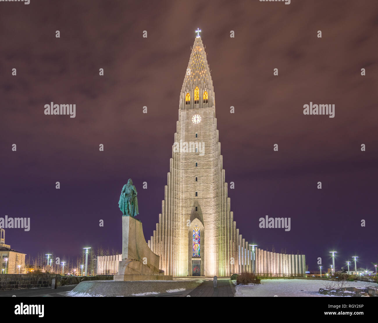 Hallgrimskirkja, the tallest church in Reykjavik, Iceland.  Famous Scandanavian cathedral at night. Stock Photo