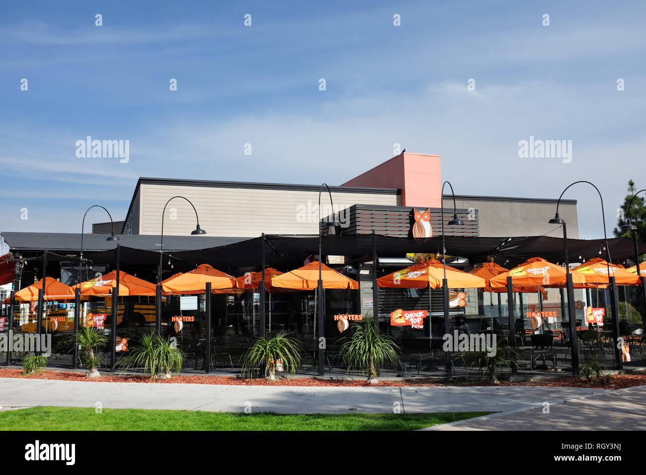 LONG BEACH, CALIFORNIA - JAN 30, 2019: Hooters Restaurant in Shoreline Village near the Convention Center and Aquarium of the Pacific. Stock Photo