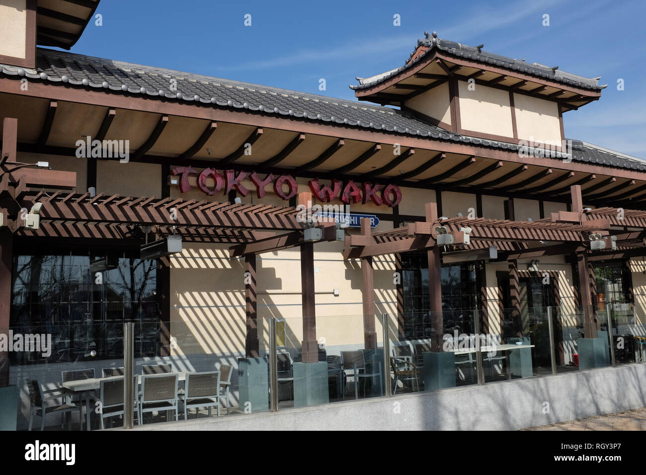 LONG BEACH, CALIFORNIA - JAN 30, 2019: Tokyo Wako Restaurant at Shoreline Village, a local Japanese chain featuring sushi and steaks grilled tableside Stock Photo