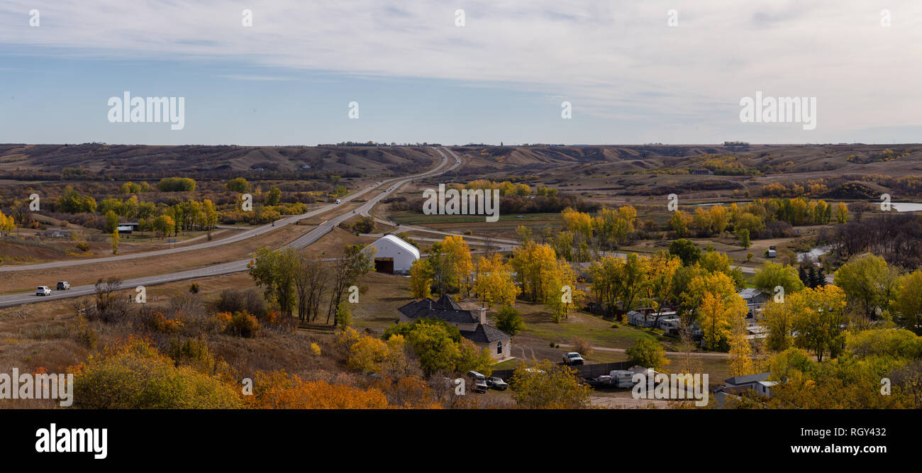 Aerial Panoramic view of a small Town in the Prairies during a vibrant ...