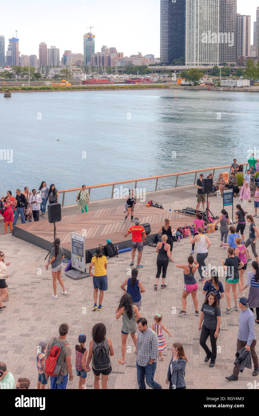 CHICAGO, IL - JULY 10, 2018 - Zumba public performance in Chicago IL by the Pier on Lake Michigan Stock Photo