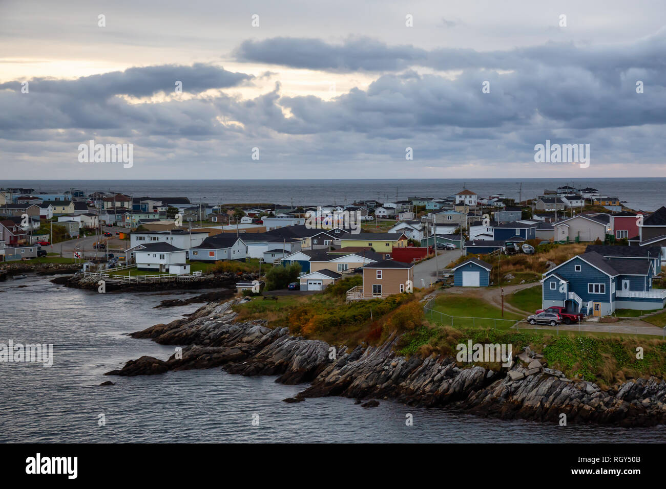 Homes in a little town on the rocky Atlantic Ocean Coast during a