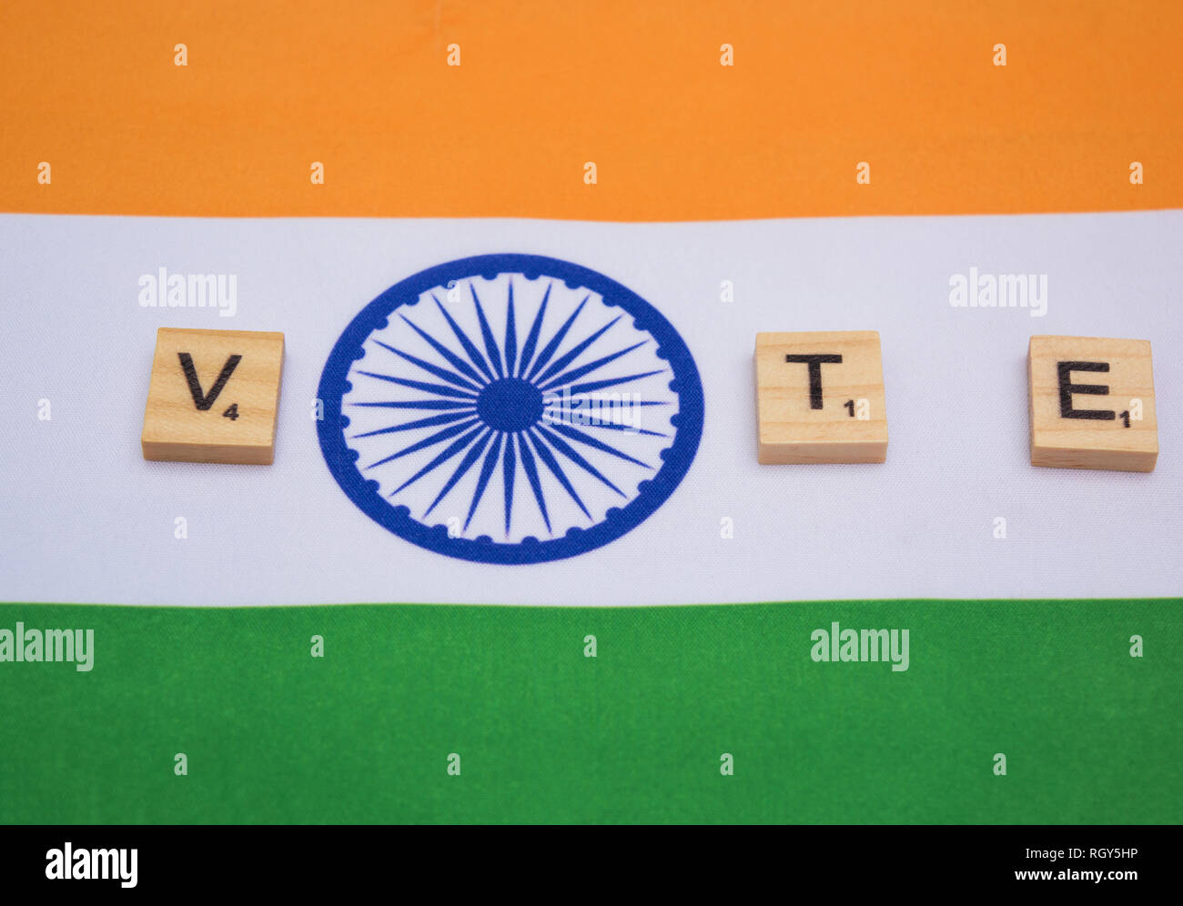 Indian election, wooden letters on indian flag showing of voting concept Stock Photo