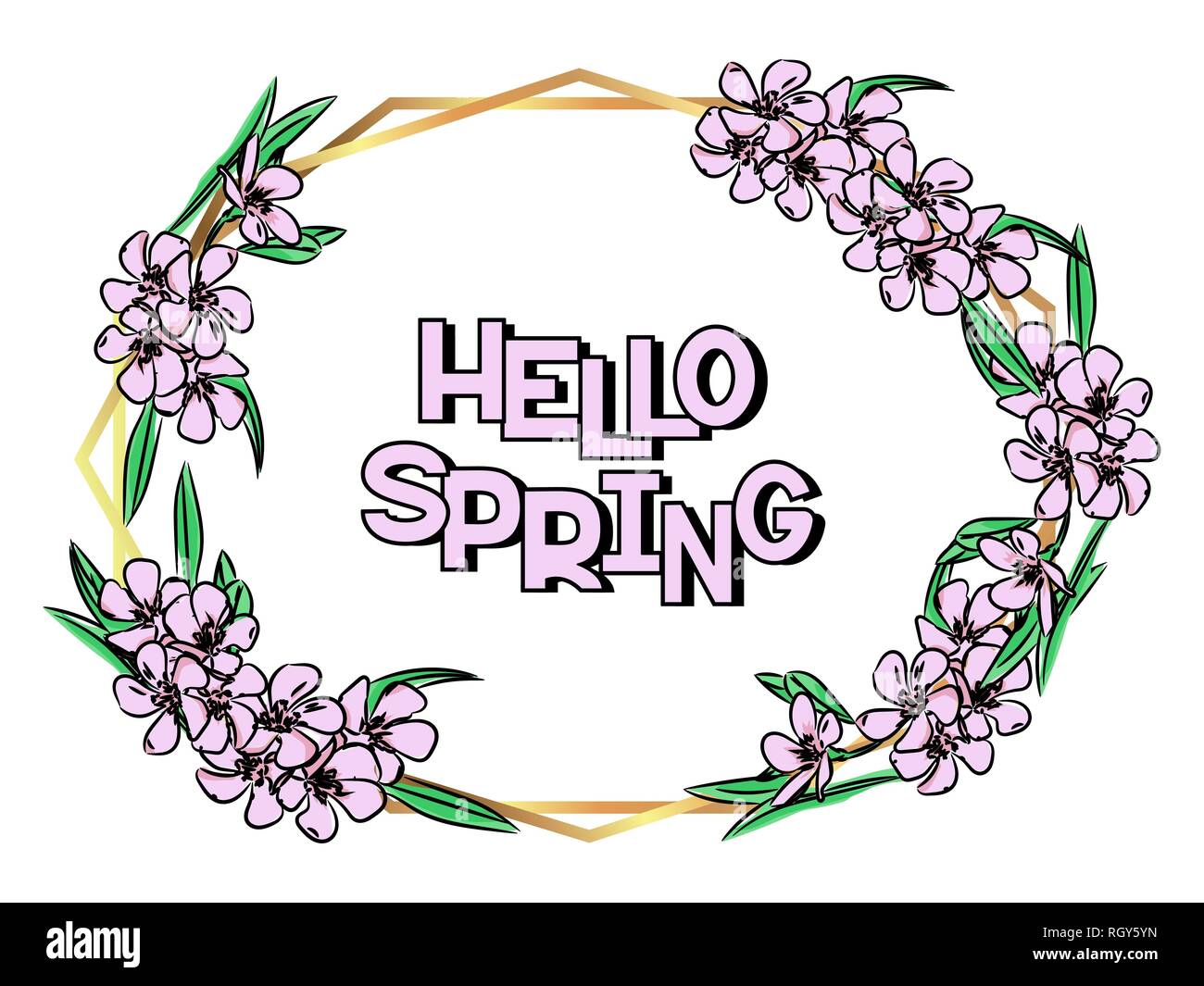 Hello spring card template. Floral frame design. Triangles and geometric golden shapes. Vector illustration. Isolated on white background Stock Vector