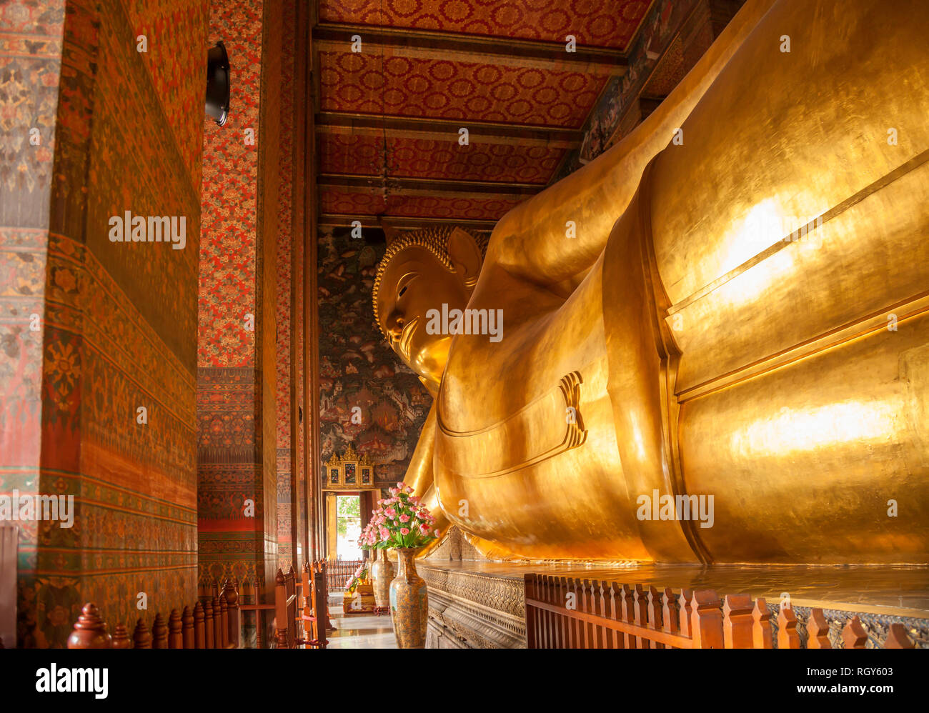Wat Pho Temple, known also as the Temple of the Reclining Buddha, is a Buddhist temple complex in the Phra Nakhon District, Bangkok, Thailand Stock Photo