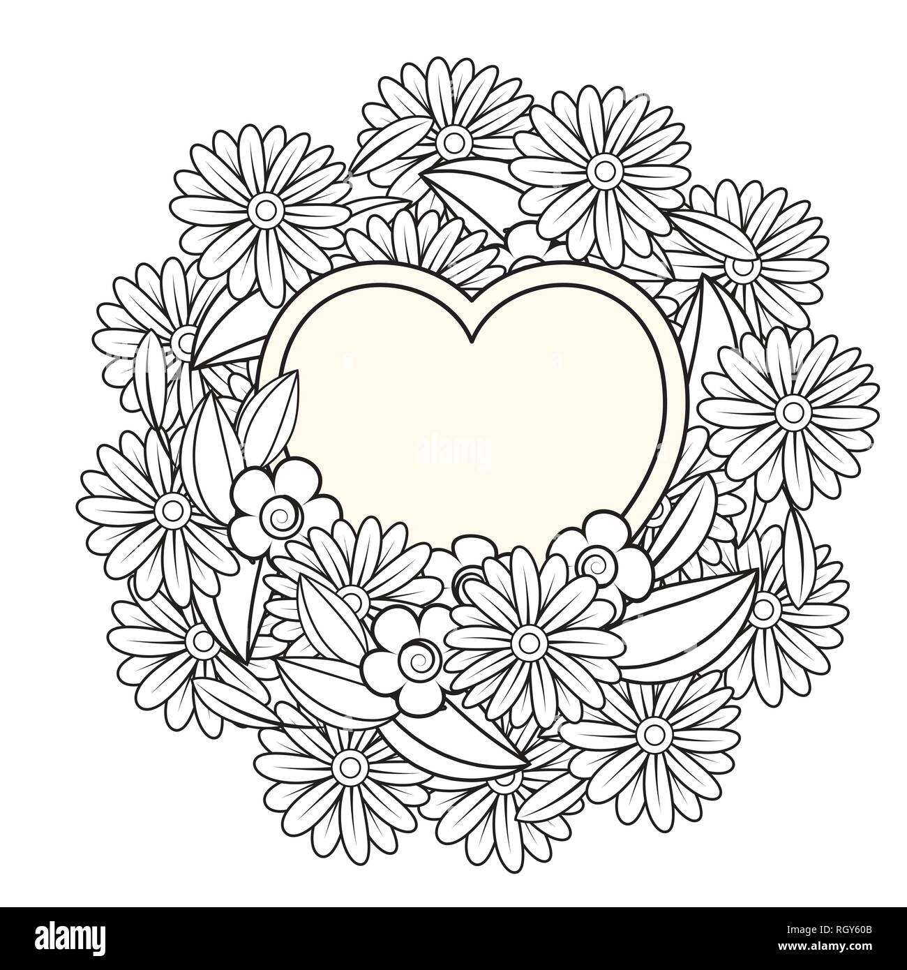 Floral heart. Valentines day adult coloring page. Vector illustration