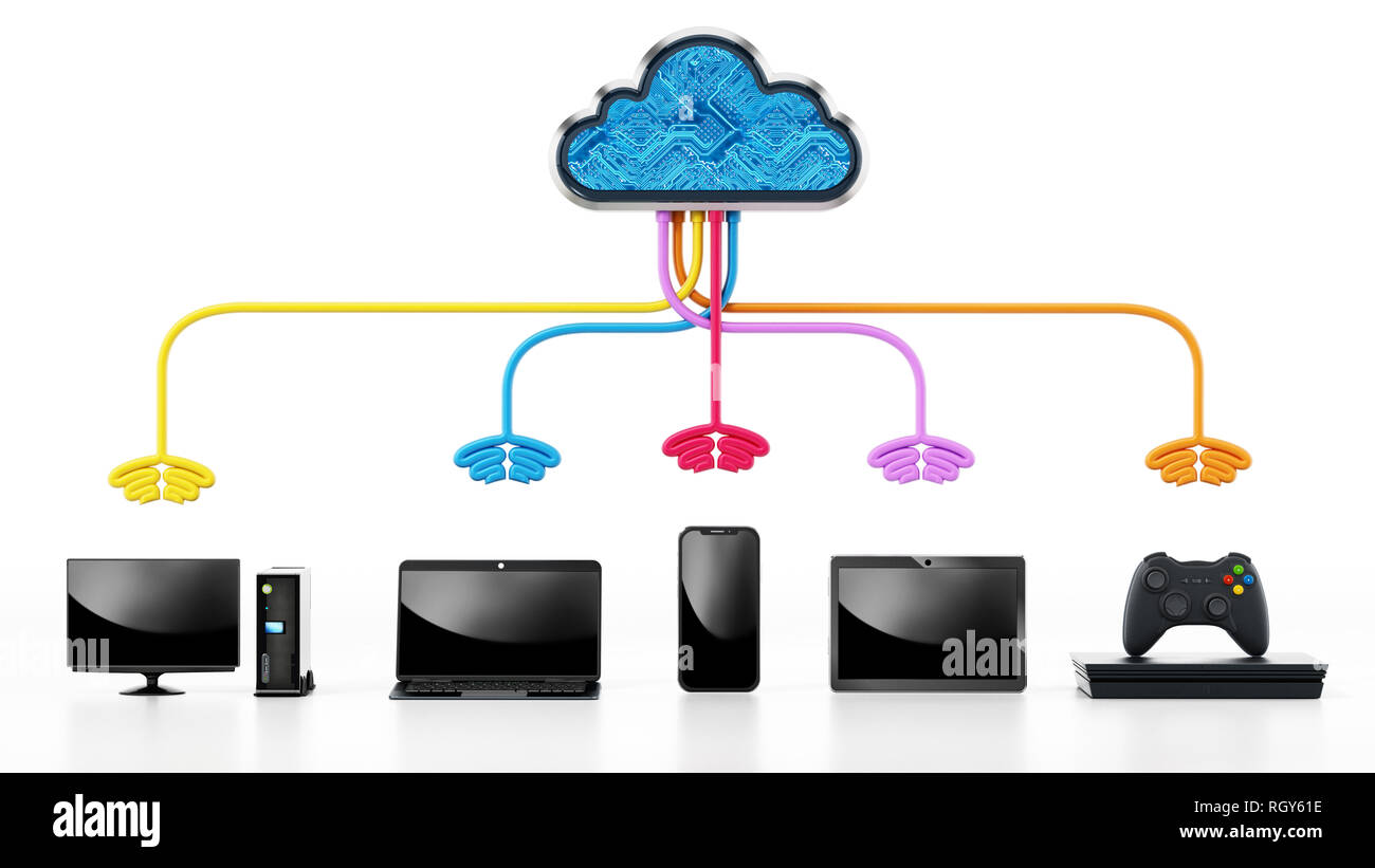 Cloud computing diagram with various connected device.. 3D illustration. Stock Photo